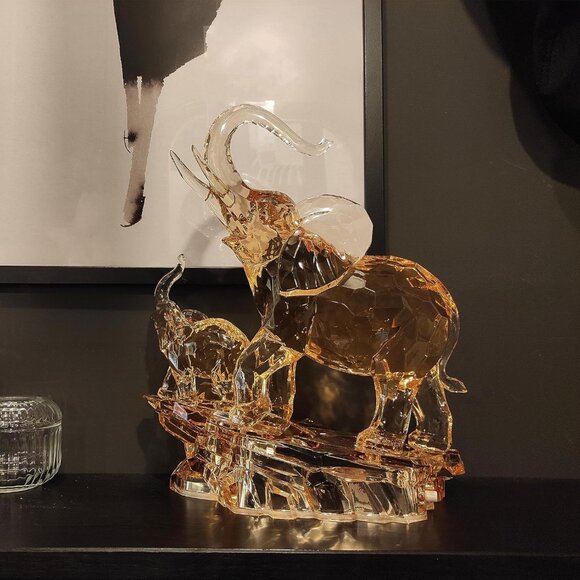 Large Crystal Elephant Sculpture with Baby Elephant, Golden Accents - Picture 6 of 10